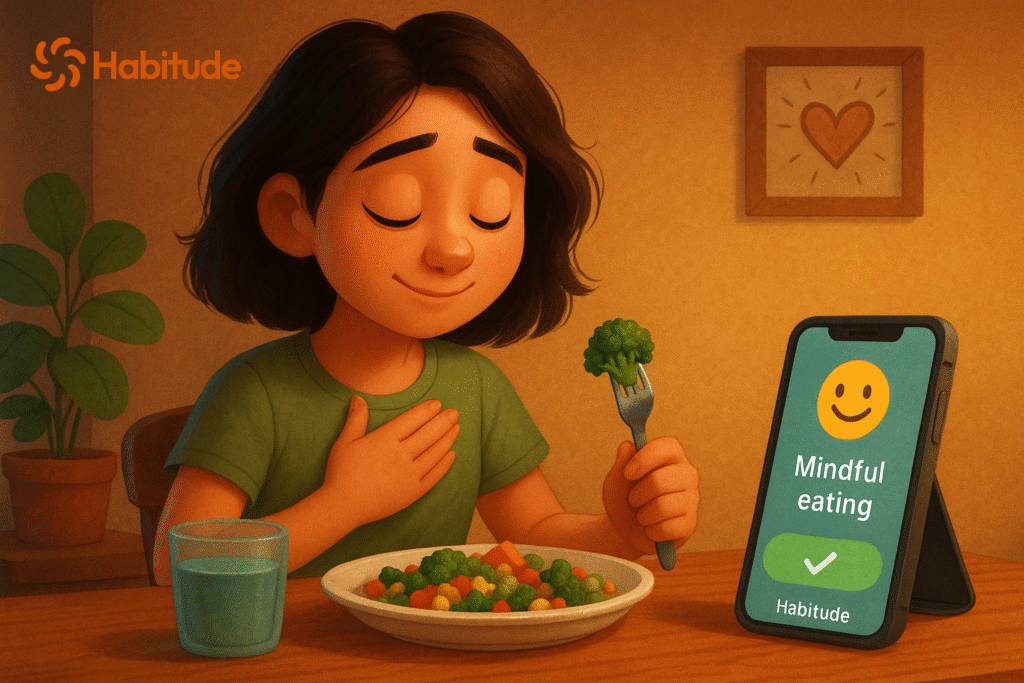 Woman practicing mindful eating at a table while tracking her habits with a smartphone app like GoHabitude