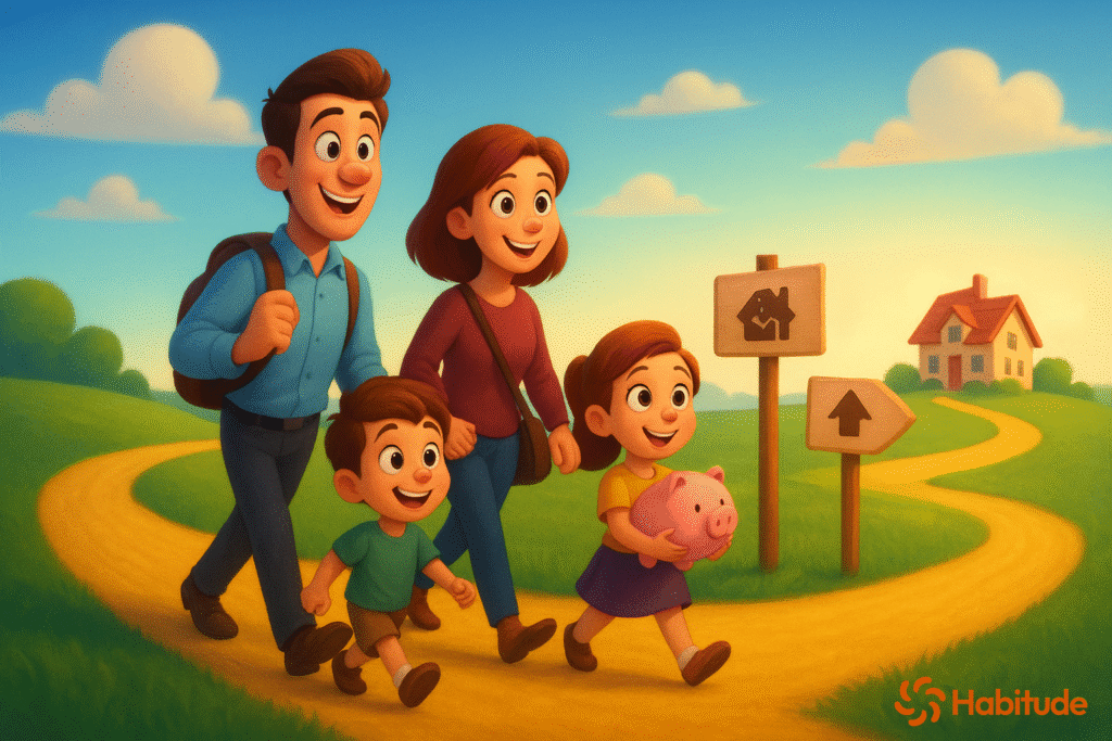 A Pixar-style digital illustration of a happy family of four walking on a winding golden path toward a dream home, passing signboards with savings and budgeting icons.